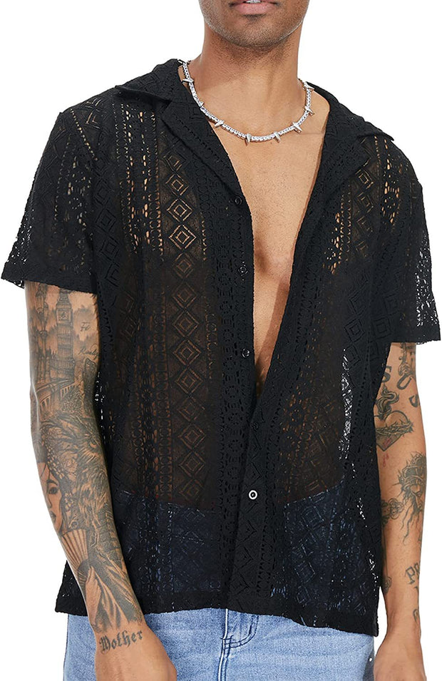 Men's Lace Shirt Hollow Out See-through