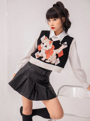 Black V-neck Waistcoat Cat Pattern Casual
