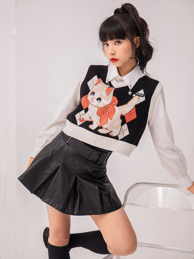 Black V-neck Waistcoat Cat Pattern Casual