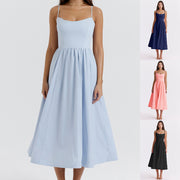 New European And American Women's Clothing Solid Color Sexy Backless Spaghetti Straps Large Swing Dress