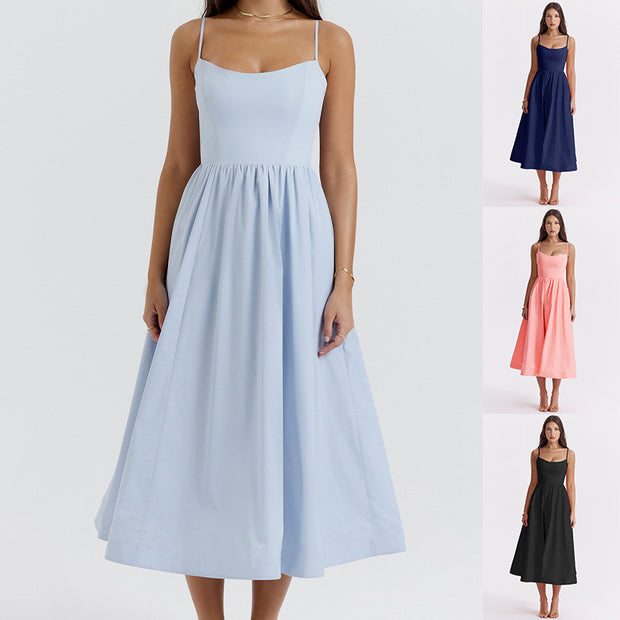 New European And American Women's Clothing Solid Color Sexy Backless Spaghetti Straps Large Swing Dress