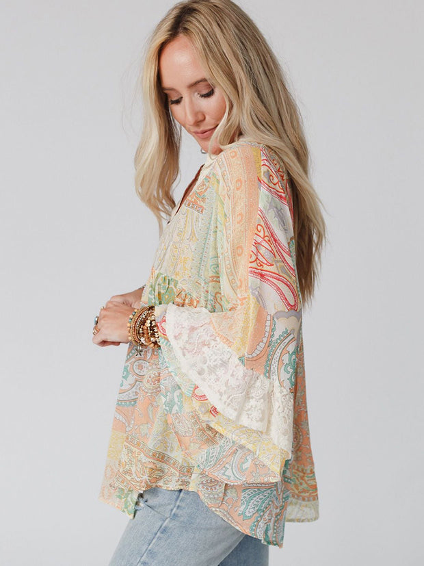 Women's V-neck Flared Sleeves Chiffon Blouse