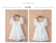 Lace Strap Solid Color Square Collar Backless Low Collar Waist Dress