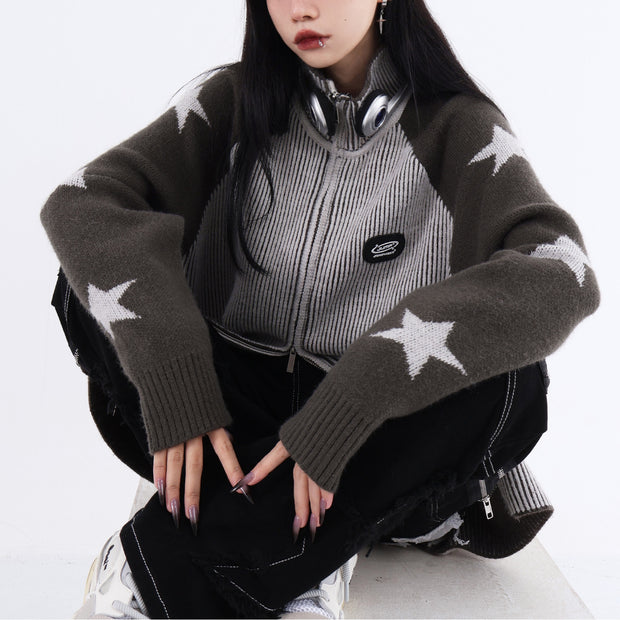 Design Sense Star Stitching Contrast Color Stand Collar Jacket