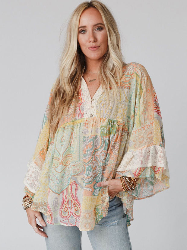 Women's V-neck Flared Sleeves Chiffon Blouse