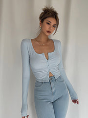 Homemade Super Revealing Figure With Collarbone Exposed Long Sleeved High Waisted Short Top That Spicy Girls Love To Wear