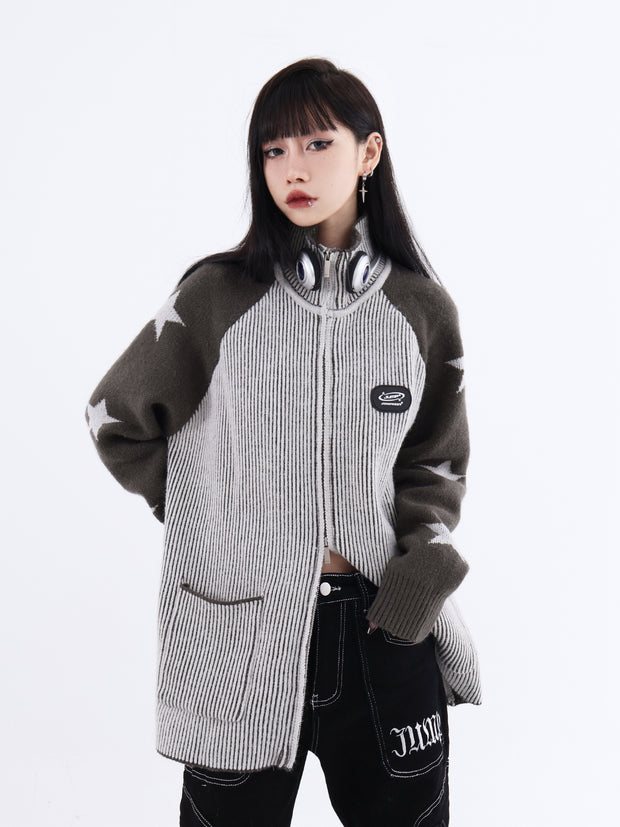 Design Sense Star Stitching Contrast Color Stand Collar Jacket