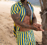 Men's Fashion Casual Beach Vertical Striped Shirt And Shorts Suit