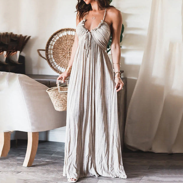 Summer New Solid Color Sexy Backless U-neck Strap Back Dress