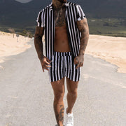 Men's Fashion Casual Beach Vertical Striped Shirt And Shorts Suit