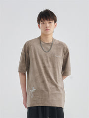 Suede Patch Short-sleeved Top Trendy Brand Street Loose