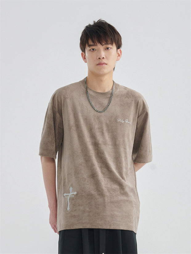 Suede Patch Short-sleeved Top Trendy Brand Street Loose