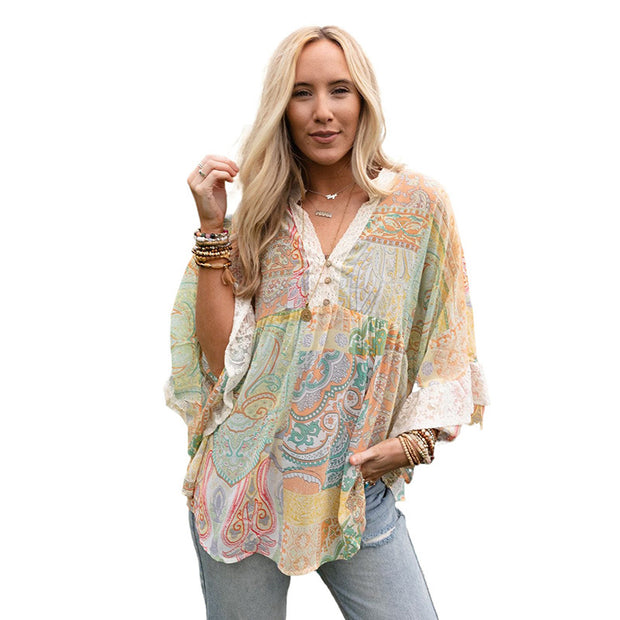 Women's V-neck Flared Sleeves Chiffon Blouse