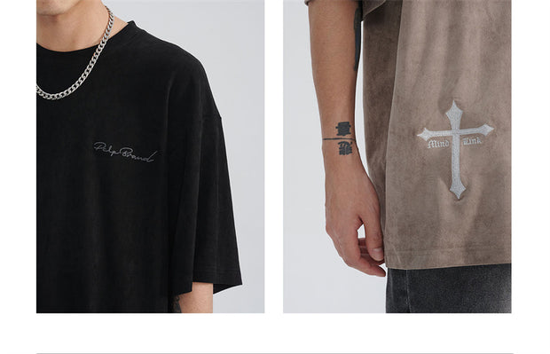 Suede Patch Short-sleeved Top Trendy Brand Street Loose