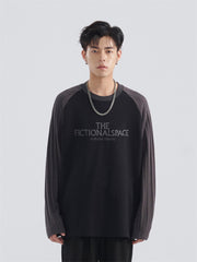 Jacquard Sleeve Colorblock Letter Long Sleeve Loose T-Shirt