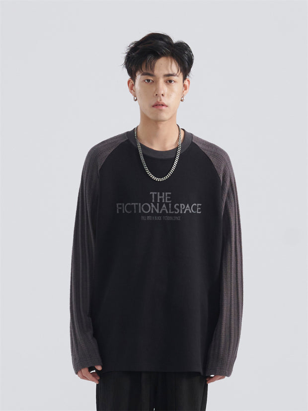 Jacquard Sleeve Colorblock Letter Long Sleeve Loose T-Shirt