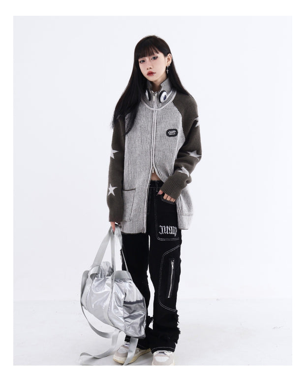 Design Sense Star Stitching Contrast Color Stand Collar Jacket