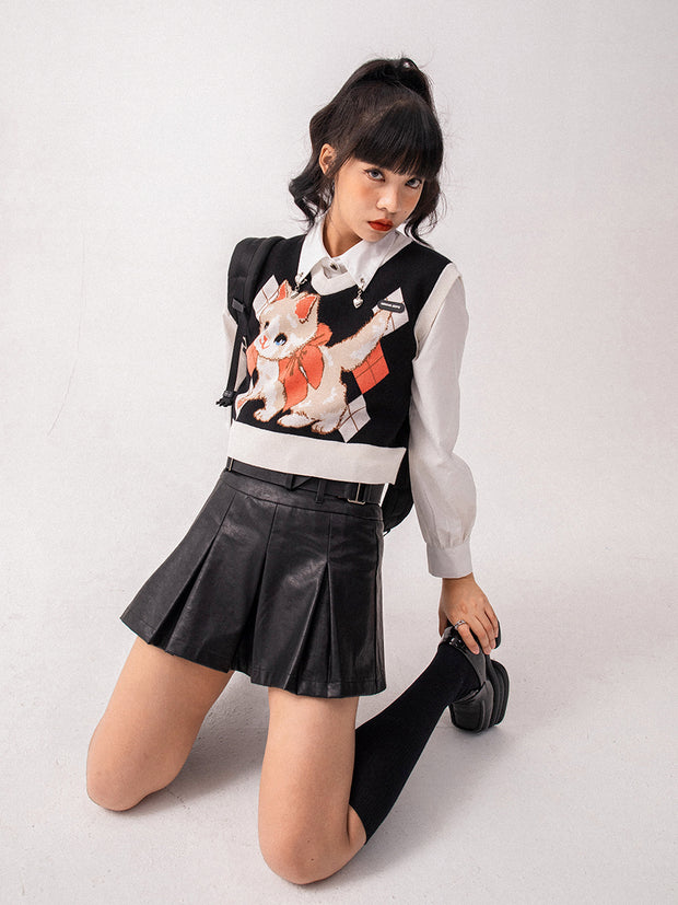 Black V-neck Waistcoat Cat Pattern Casual