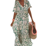 Women's Printed Short-sleeved Deep V-neck Long Dress