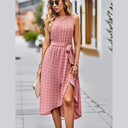 Sleeveless Round Neck Tied Polka Dot Dress
