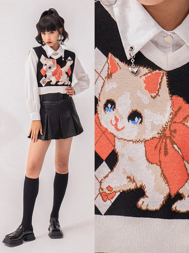 Black V-neck Waistcoat Cat Pattern Casual