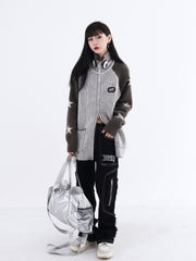 Design Sense Star Stitching Contrast Color Stand Collar Jacket
