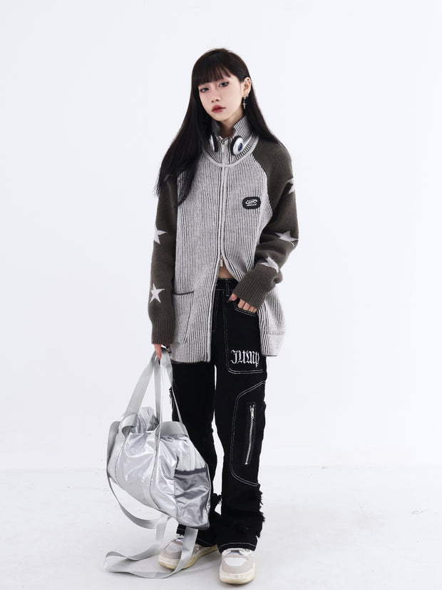 Design Sense Star Stitching Contrast Color Stand Collar Jacket