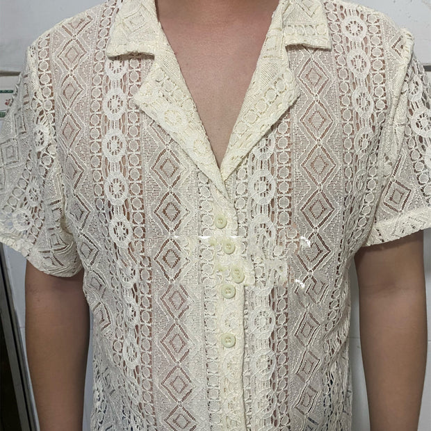 Men's Lace Shirt Hollow Out See-through
