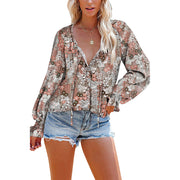 Women's Loose V-neck Casual Long-sleeved Floral Chiffon Shirt
