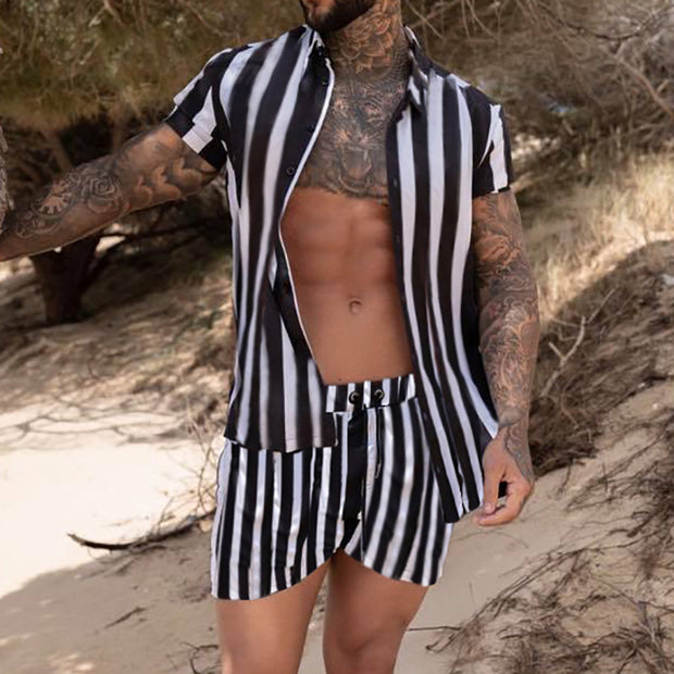 Men's Fashion Casual Beach Vertical Striped Shirt And Shorts Suit