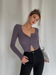 Homemade Super Revealing Figure With Collarbone Exposed Long Sleeved High Waisted Short Top That Spicy Girls Love To Wear