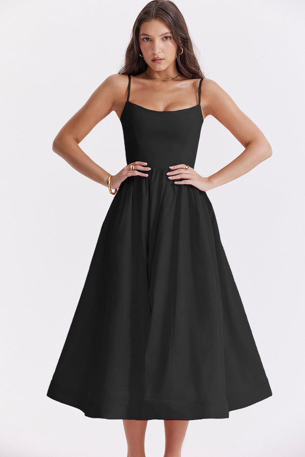 New European And American Women's Clothing Solid Color Sexy Backless Spaghetti Straps Large Swing Dress