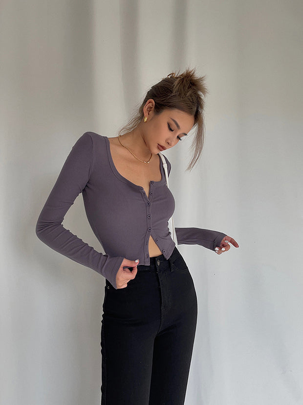 Homemade Super Revealing Figure With Collarbone Exposed Long Sleeved High Waisted Short Top That Spicy Girls Love To Wear