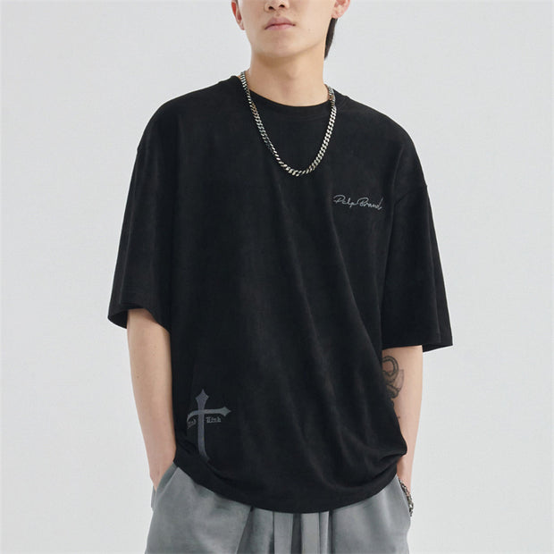 Suede Patch Short-sleeved Top Trendy Brand Street Loose