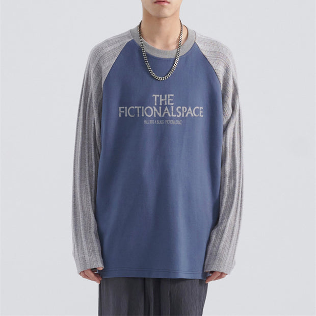Jacquard Sleeve Colorblock Letter Long Sleeve Loose T-Shirt