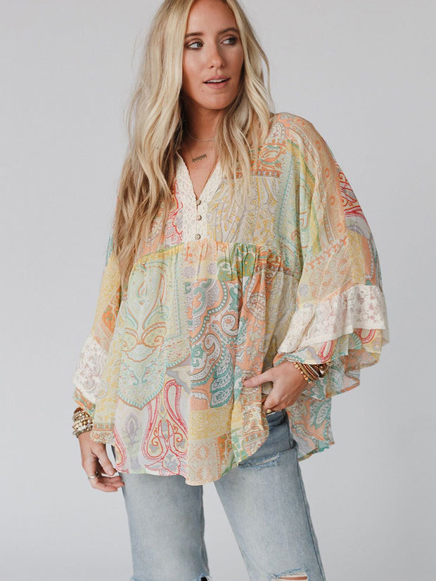 Women's V-neck Flared Sleeves Chiffon Blouse