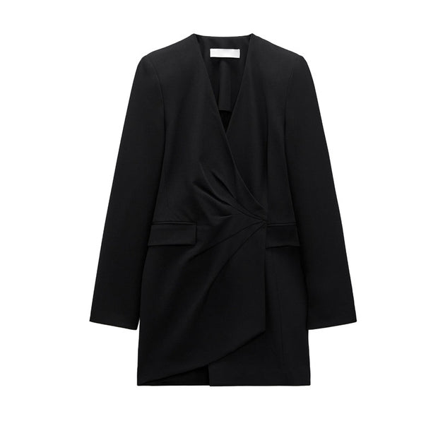 Long Sleeve V-neck Waist-controlled Slimming Pocket Black Color & Pleats Coat Dress