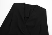 Long Sleeve V-neck Waist-controlled Slimming Pocket Black Color & Pleats Coat Dress