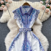Women's Summer Lace-up Waist Polo Collar Retro Dress