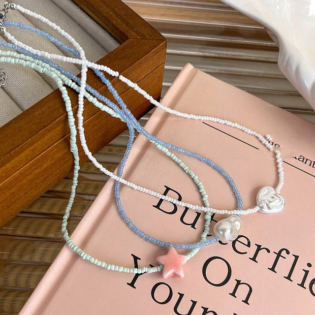 Colorful Beaded Five-pointed Star Shaped Pendant Necklace