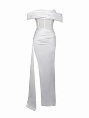 Off-shoulder Long Slit White Bandage Dress