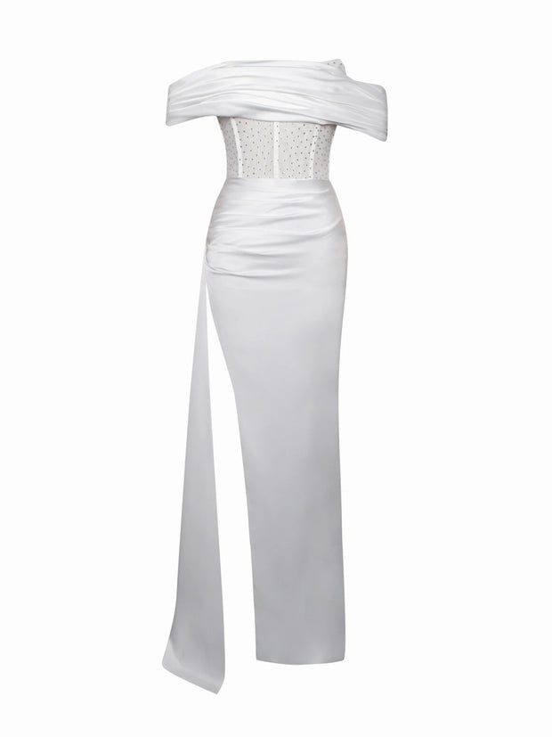 Off-shoulder Long Slit White Bandage Dress