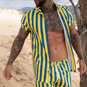 Men's Fashion Casual Beach Vertical Striped Shirt And Shorts Suit