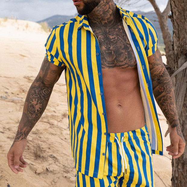Men's Fashion Casual Beach Vertical Striped Shirt And Shorts Suit