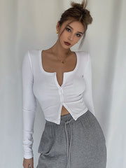 Homemade Super Revealing Figure With Collarbone Exposed Long Sleeved High Waisted Short Top That Spicy Girls Love To Wear