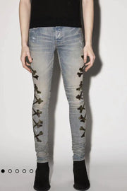 Men's Fashion Holes Bone Pattern Leather Stretch Skinny Jeans