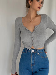 Homemade Super Revealing Figure With Collarbone Exposed Long Sleeved High Waisted Short Top That Spicy Girls Love To Wear